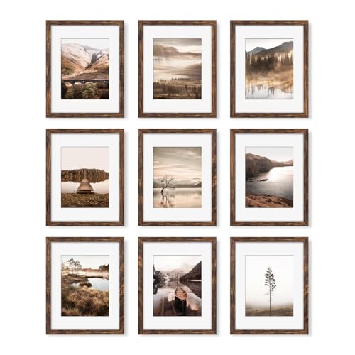YESKAY 11x14 Picture Frame Set of 9, Photo Gallery Wall Frame Set, Display Pictures 8x10 with Mat or 11 x 14 Without Mat, Multi Photo Frames for Wall Mounting or Table Top Display, Rustic Brown - color: Rustic Brown, size: 11x14 in