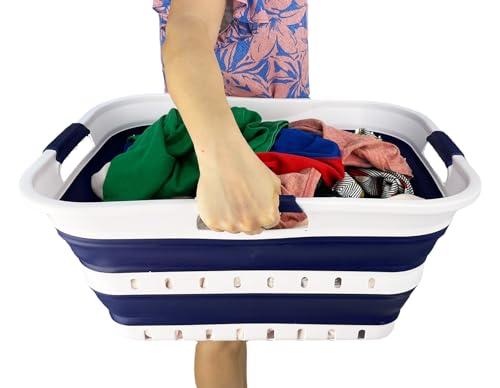 SAMMART 42L (11 gallon) Collapsible Plastic Laundry Basket - Foldable Pop Up Storage Container/Organizer - Space Saving Hamper/Basket (1, White/Starry Blue) - color: White/Starry Blue