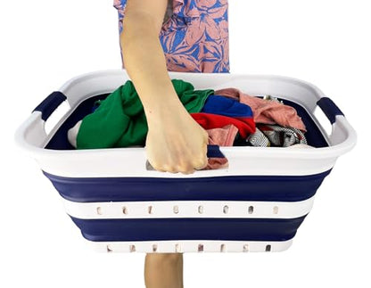 SAMMART 42L (11 gallon) Collapsible Plastic Laundry Basket - Foldable Pop Up Storage Container/Organizer - Space Saving Hamper/Basket (1, White/Starry Blue) - color: White/Starry Blue