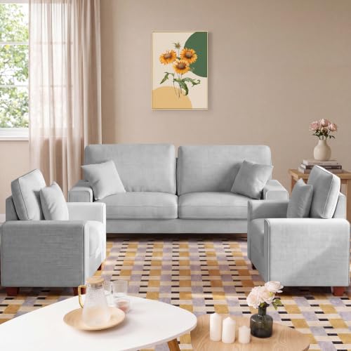 DOPEDIO 71.25" Sofa Set, Chenille Loveseat & 2 Accent Chairs, Light Gray | Modern chenille sofa set with removable covers, spring cushions, solid wood frame, easy assembly for comfortable living rooms - size: 71.25 inch + 2 Single, style: Light Grey Cheni