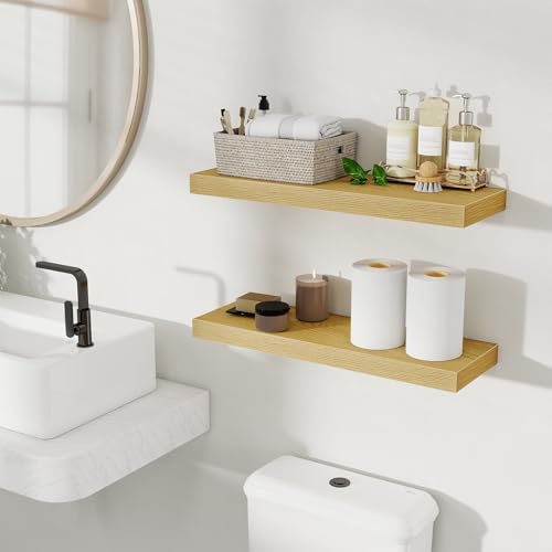 Fun Memories Floating Shelves for Wall, 24 Inch Set of 2 Rustic Wood Wall Shelves with Invisible Brackets, Heavy Duty Storage Display for Living Room Bedroom Kitchen, Oak - color: Oak, size: 6.5"D x 24"L - 2Pack