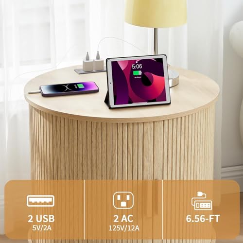 Fluted Round End Table with Charging Station, 24" Side Table,Natural | Large Farmhouse Sofa Side Table Living Room, Mid-Century Wood Nightstand with Sliding Tambour Door & Storage, Round End Table - color: Natural
