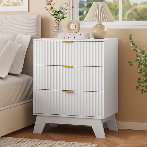 Fluted Nightstand with 3 Large Drawers, Wooden Side End Table with Elevated Legs for Easy Cleaning, Sturdy Modern Beside Table for Small Space, Bedroom, White, 24" L - color: White