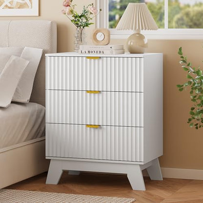 Fluted Nightstand with 3 Large Drawers, Wooden Side End Table with Elevated Legs for Easy Cleaning, Sturdy Modern Beside Table for Small Space, Bedroom, White, 24" L - color: White