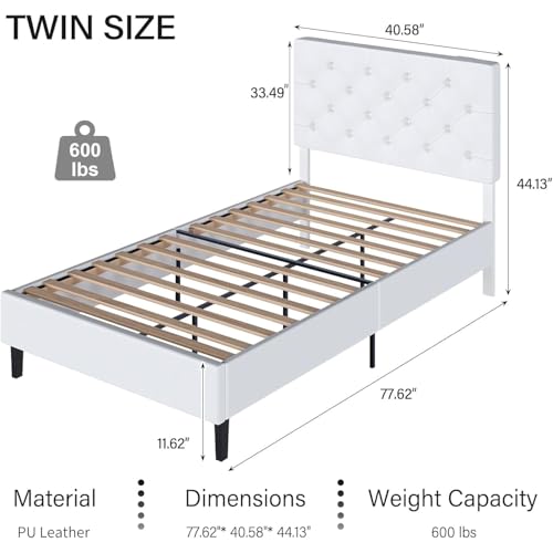 REVOMINCA Twin Size Platform Bed Frame with Headboard, White | Faux leather upholstery with wooden slat support, no box spring needed. - color: White, size: Twin
