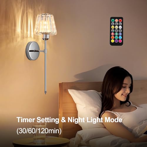Battery Operated Crystal Wall Sconce Set of 2, Chrome Rechargeable Wireless Wall Sconces with Remote Dimmable 12 Colors Modes Led Wall Lights for Bedroom Living Room Hallway, 2 Bulbs Included - color: Chrome