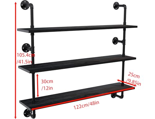 HDDFER Industrial Pipe Shelving Rustic Black Wall Shelves with Wood Planks Industrial Floating Shelves 48 Inch 3 Tier Farmhouse Bookshelf Pipe Shelves Wall Mounted,Open Shelving For living room/office - color: Black, size: 3Tier48in