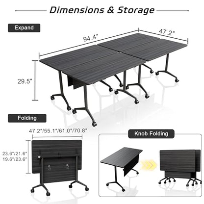 Folding Conference Table with Wheels Set of 6, Modular Conference Room Table for 6-12 Person Meetings, Flip Top Rolling Training & Classroom Tables, Nesting Office Tables - color: Ebony, size: 55.1 in
