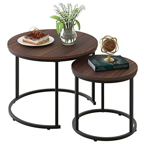 aboxoo Coffee Table Nesting Side Round Set of 2 End Table Top Sturdy Metal Frame Desk Centerpiece Living Room Bedroom Apartment Modern Industrial Simple Nightstand - color: Black Brown