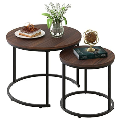 aboxoo Coffee Table Nesting Side Round Set of 2 End Table Top Sturdy Metal Frame Desk Centerpiece Living Room Bedroom Apartment Modern Industrial Simple Nightstand - color: Black Brown