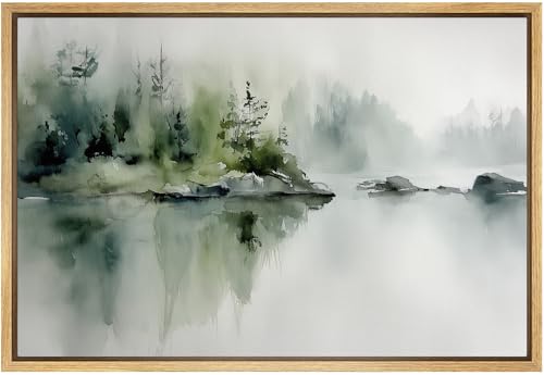 SIGNWIN Framed Canvas Print Wall Art Watercolor Forest Reflection Peaceful Nature Lake Scene Illustrations Modern Art Decorative Chic for Living Room, Bedroom, Office - 16"x24" Natural - color: B12-2508-irs03, size: 24"L x 16"W