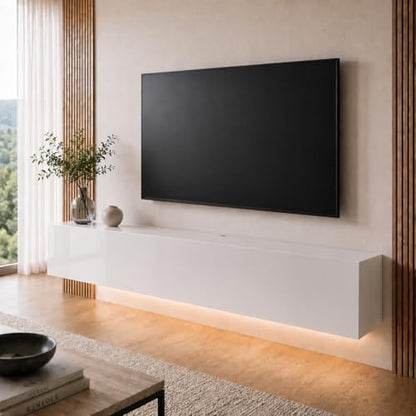 63" Floating TV Stands for Living Room w/ Storage, LED Entertainment Center | Fits TVs up to 70", Glossy Front, Hidden Storage, Wall Mounted, Cable Management, RGB LED, Easy to Clean, Modern Style - color: White