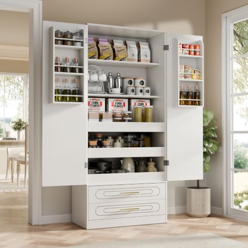 Gyfimoie 66" Kitchen Pantry Cabinet with 3 Pull Out Shelves & Deep Drawers, Tall Storage Cabinet with 6 Door Shelves & Adjustable Shelf, Freestanding Cupboard for Dining Room, Living Room, White - color: White