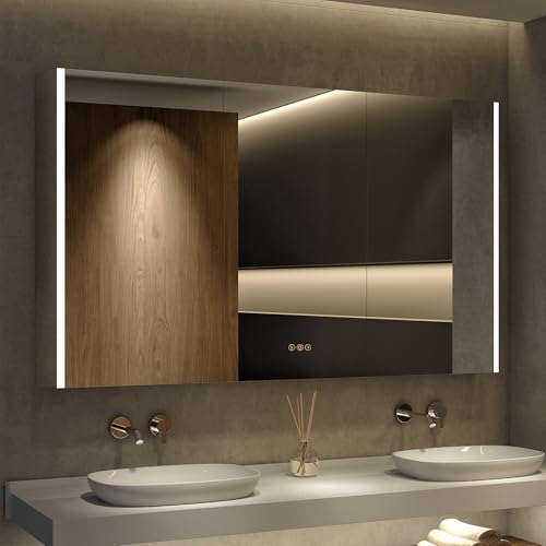 60 x 32 Inch Medicine Cabinet with Mirror and LED Light for Bathroom | Recessed, Wall-Mounted, Dimmable, Anti-Fog, Memory Function, 3 Color Mode, Outlet&USB, Adjustable Shelf, ETL Listed, Aluminum - size: 60x32 Triple Door