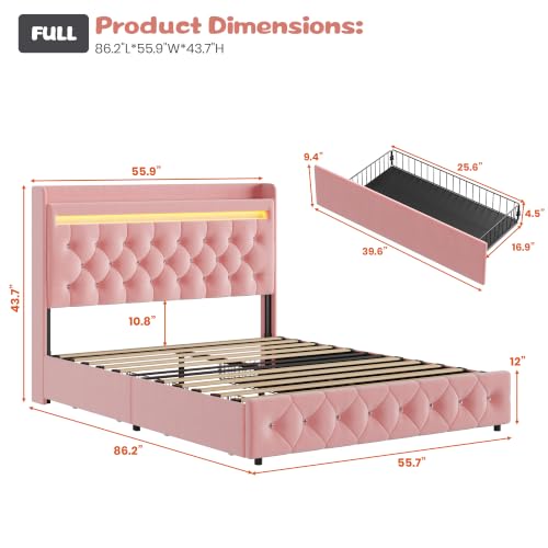 Garvee Full Upholstered LED Bed Frame with Storage Headboard, Pink | Full Bed with Charging Station and 2 Drawers, Soft Velvet Princess Platform Bed for Kids, No Box Spring Needed, Easy Assembly - color: Pink, size: Full