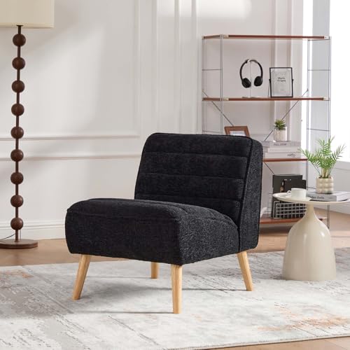 Velvet Slipper Chair, Armless Upholstered Accent Chair with Black Wood Legs, Modern Lounge Chair for Living Room, Bedroom, Office & Reading Nook (Black+Wood) - color: Black+wood