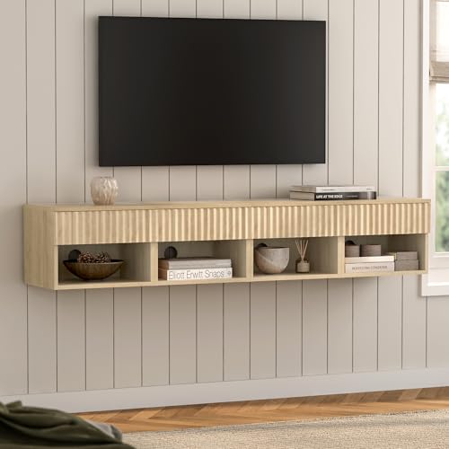 Small Fluted Floating Nightstand, Bedside Table Set of 4 with Drawer, Modern Night Stand with Fluted Door and Open Storage Shelf Wall Mounted for Bedroom, Entryway Light Oak - color: Light Oak, size: 4 PCS