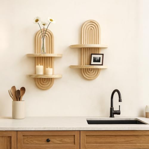 Artilady Boho Shelf Wall Decor, Solid Wood Floating Shelves Srorage Display | 2 Tier Arched Trinket Shelf, Rustic Plant Crystal Candle Holder for Small Space, Modern Bedroom Bathroom Living Room Decor - color: 2 Beige