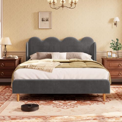 Garvee Twin Bed Frame for Kids, Upholstered Scalloped Wave Tall Headboard, Chenille Wingback Design, Wood Slat Support, No Box Spring Needed, Easy Assembly, Gray | Upholstered Scalloped Wave Tall Headboard, Wood Slat Support, No Box Spring Needed, Easy As