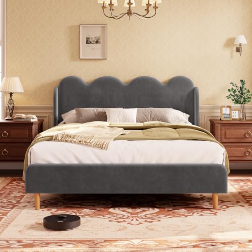 Garvee Twin Bed Frame for Kids, Upholstered Scalloped Wave Tall Headboard, Chenille Wingback Design, Wood Slat Support, No Box Spring Needed, Easy Assembly, Gray | Upholstered Scalloped Wave Tall Headboard, Wood Slat Support, No Box Spring Needed, Easy As
