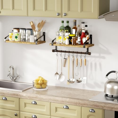 Love-KANKEI 17.3"Floating Wall Shelves Set of 2,Solid Wood,Carbonized Black | Coffee Bar,Spice Rack,Towel Bar/8 Hooks,39 Lbs/shelf,Easy to Install,For Kitchen,Bathroom,Living Room,Bedroom,Office,Entryway - color: Carbonized Black