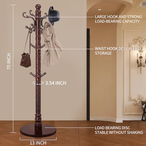 Wood Coat Rack Stand, Vintage Wooden Coat Rack Freestanding with Sturdy Round Base,Classic Coat Racks with 14 Hooks, Natural Birch Wood Standing Coat for Entryway (Vintage Round chassis)