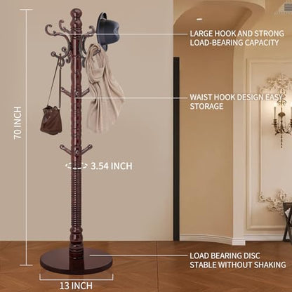 Wood Coat Rack Stand, Vintage Wooden Coat Rack Freestanding with Sturdy Round Base,Classic Coat Racks with 14 Hooks, Natural Birch Wood Standing Coat for Entryway (Vintage Round chassis)