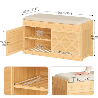 HOOBRO Shoe Bench, Shoe Storage Bench with Cushion, Bamboo Entryway Bench with Hidden Compartment, Storage Bench with Lift Top and 2 Door, for Living Room, Bedroom, Hallway, Beige and Natural YE60HX01