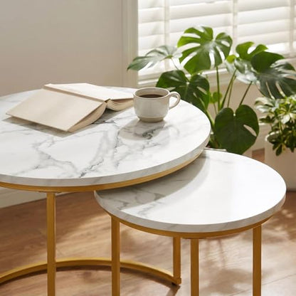 Round Nesting Coffee Table Set of 2, Stacking Minimalist End Table | Modern Marble Pattern Wooden Nesting Tables for Living Room Bedroom Small Space, White Top and Gold Leg - color: Glod Leg+white Top