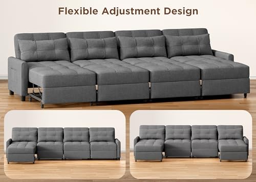 Aiho Pull Out Couch 5 Seater Sectional Sleeper Sofa, Dark Gray | Pull-out Sofa Bed with Adjustable Backrest and Spring Support for Comfortable Seating and Overnight Guests - size: 5 Seater