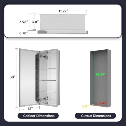 Medicine Cabinet Mirror 12"W x 30"H, Bathroom Beveled Edge Mirror Cabinet | Medicine Cabinets with Adjustable Glass Shelves, Soft-Closed Hinge, Chrome Aluminum Frame, Reverse Installation - size: 12" x 30"(Beveled)