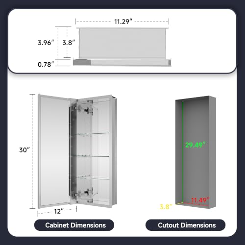Medicine Cabinet Mirror 12"W x 30"H, Bathroom Beveled Edge Mirror Cabinet | Medicine Cabinets with Adjustable Glass Shelves, Soft-Closed Hinge, Chrome Aluminum Frame, Reverse Installation - size: 12" x 30"(Beveled)