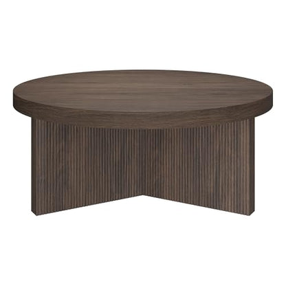 Henn&Hart 36" Scandinavian Fluted Coffee Table, Rich Brown | Ribbed pedestal base and low profile bring Scandinavian style to small spaces including living rooms or family rooms - color: Rich Brown, size: 36 inches