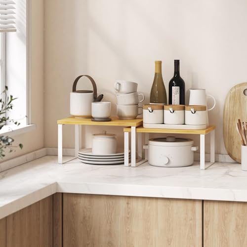 Kitchen Cabinet Organizer Shelf Set of 4, Sturdy Kitchen Counter Shelves with Metal Legs, Stackable Expandable Wood Spice Rack Pantry Cupboard Dish Mug Cup Storage Organizer Shelf,White+Bamboo - color: White+Bamboo