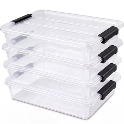 6 Qt Plastic Storage Bins with Lids,Sensory Bins,Stackable Clear Containers with Secure Latches,Multi-Purpose Classroom Storage Organizer for Craft Supplies,Paper & Office Stationery,4 Pack,Black | Stackable, Secure Latches, Multi-Purpose Classroom Storag