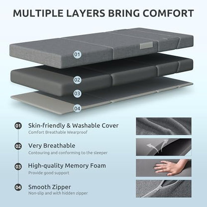 Youzi Folding Sofa Bed Queen, 6 Inches Foam Floor Sofa and Folding Mattress with Washable Cover, Fold Out Couch for Guests, Camping and Travel, Dark Gray, 80" x 60" x 6" - size: Queen