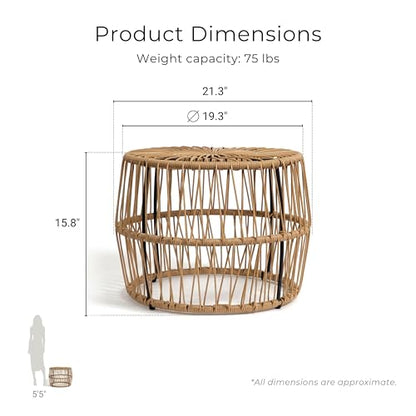 Furniture of America Ysar Boho Rattan Round Coffee Table Outdoor with Metal Frame, All-Weather and Rust Resistant, Handcrafted Coastal Furniture for Patio, Poolside, Garden, Yard, Natural Brown - color: Natural Brown/18.9 In.