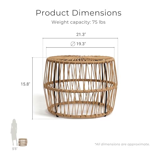 Furniture of America Ysar Boho Rattan Round Coffee Table Outdoor with Metal Frame, All-Weather and Rust Resistant, Handcrafted Coastal Furniture for Patio, Poolside, Garden, Yard, Natural Brown - color: Natural Brown/18.9 In.