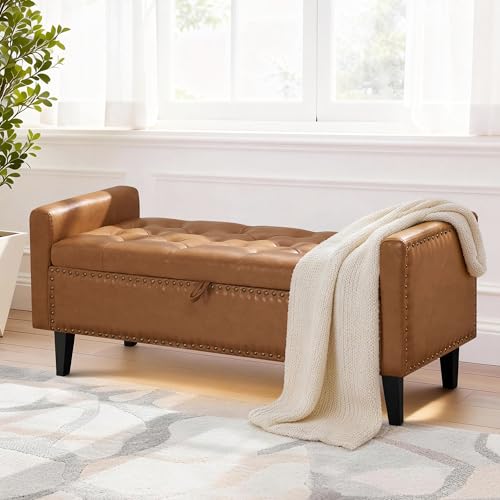 47'' Leather Storage Ottoman Bench, End of Bed Storage Bench with Wooden Legs, Upholstered Tufted Ottoman with Storage for Bedroom, Living Room, Entryway, Light Brown - color: Pu-light Brown