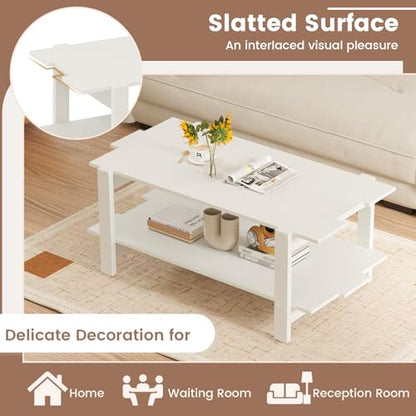 Giantex Coffee Table with Storage, 45 Inch Modern Center Table with Slatted Design & Side Rail Support, Rectangular Living Room Table for Small Spaces, White - color: White