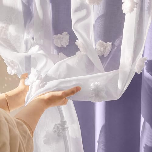 NICETOWN Lavender Purple Pom Pom Curtains, Room Darkening Double Layer Sheer Drapes for Girls Bedroom, Thermal Insulated Window Treatments, W52 x L63, 2 Panels - color: Lavender Purple, size: 52"W x 63"L (Pack of 2)