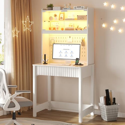 Lvifur Small Writing Desk with Power Outlet - LED Study Desk with Drawer & Hutch, Home Office Desk with Shelf & Pegboard, Space Saving Study Table Work Station for Dorm, Living Room (White) - color: White86023