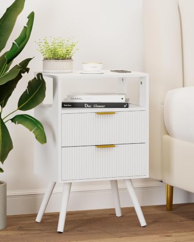 Leomonio White Nightstand, Modern Bedside Table with 2 Storage Drawer and Open Wood Shelf, for Bedroom and Small Spaces, Night Stand with Solid Wood Legs - color: White