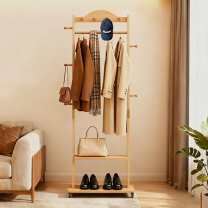 Natural Solid Wood Coat Rack Freestanding with Wheels - Heavy Duty Clothes Rack with 2 Storage Shelves & 9 Hooks, Wooden Coat Rack Stand Hat Hanger Rack for Bedroom Entryway Living Room Hotel - color: Wood