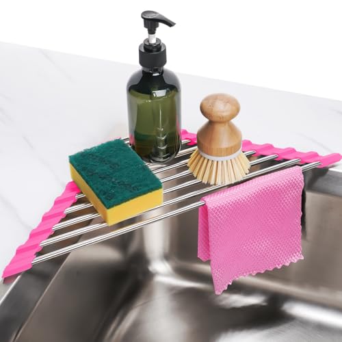 Tomorotec Triangle Roll Up Dish Drying Rack 304 Stainless Steel Rose | BPA-Free Food-Grade Silicone Edges Foldable Waterproof Rustproof Heavy-Duty Space Saver Heat Resistant to 550°F - color: Rose