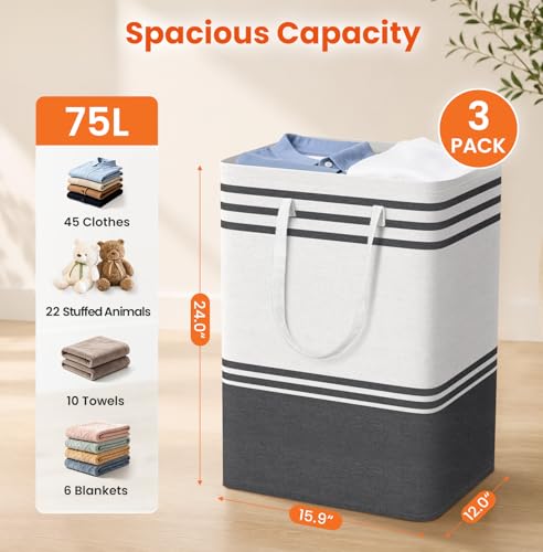TranquilRelax 3-Pack Laundry Basket, Laundry Hamper, Grey-75L | Freestanding＆Water-Resistant Laundry Hamper, Collapsible Tall Clothes Hamper with Carry Handles for Clothes, Laundry Basket - color: Grey, size: 75L