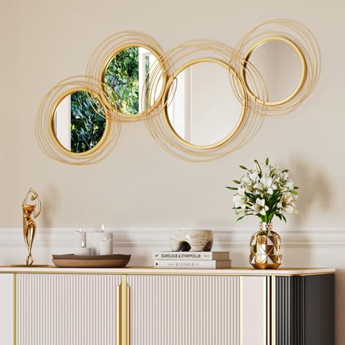 CozyDH Gold Wall Art Mirrors Decor - Decorative Boho Circle Mirror with Metal Frame, Modern Large Wall Sculptures for Living Room, Dining Room, Entryway, Fireplace, Hallway, Bedroom, 43"X22" - color: Gold - 43" L X 22" W