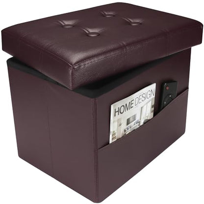 Ottoman with Storage,17 Inch Leather Folding Foot Rest Stool,Brown | Small Ottoman with Side Pockets, Thicker Foam Padded Seat, 17 * 13 * 13 Inch, Livingroom, Dorm, Bedroom, Entryway - color: Brown