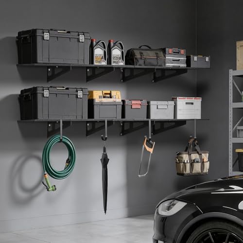 VEVOR 2-Pack Heavy Duty Garage Wall Shelving, 2 x 6 ft Steel Wall Mounted Shelving Unit with Hooks, 24 x 72 Inch Per Shelf Floating Storage Metal Rack, 1000 lbs Total Weight Capacity - size: 2×6 ft