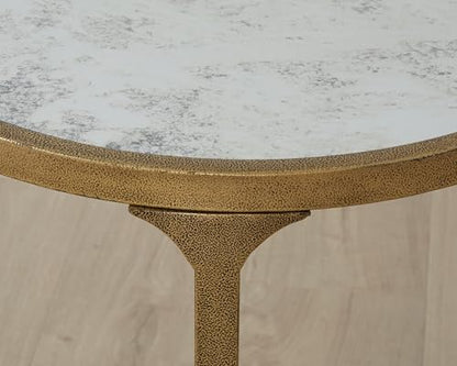 Signature Design by Ashley Korajane Round End Table, Gold, 20 Inch | 20x20x23 in round end table, 21.63 in under table space, Faux marble tempered glass top, Antique gold metal frame - color: Antique Gold